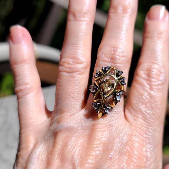 Citrine & Topaz Sterling Rhodium & Gold Art Deco ring sz6.5 - Picture 12 of 15